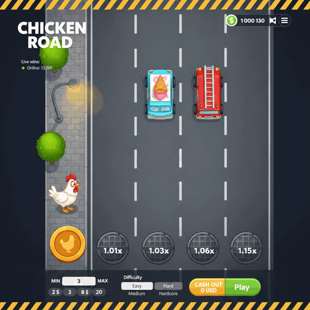 Chicken Road crash game con pollo cartoon che attraversa una strada a più corsie con moltiplicatori crescenti visualizzati su tombini, vista dall'alto con grafica neon su sfondo notturno urbano